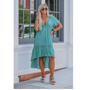 Seafoam Lace Trim High Low Midi Dress